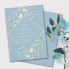 Watercolor Greenery Peach Ro Dusty Blue Bröllop Inbjudningar