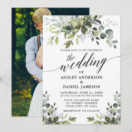 Watercolor Greenery Photo Calligraphy Bröllop Inbjudningar