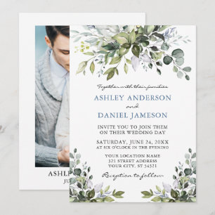 Watercolor Greenery Photo Dusty Blue Bröllop Inbjudningar