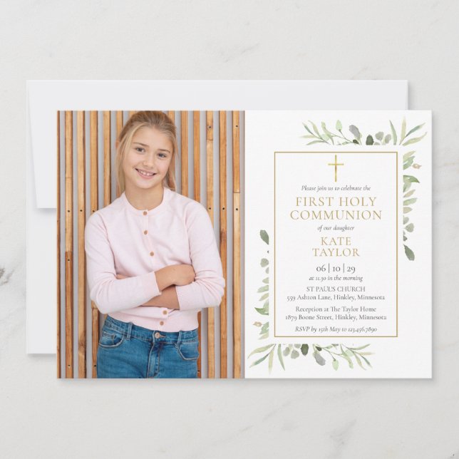 Watercolor Greenery Photo First Heliga Communion Inbjudningar (Framsida)