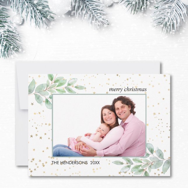 Watercolor Greenery Photo Guld Stars jul Julkort (Skapare uppladdad)