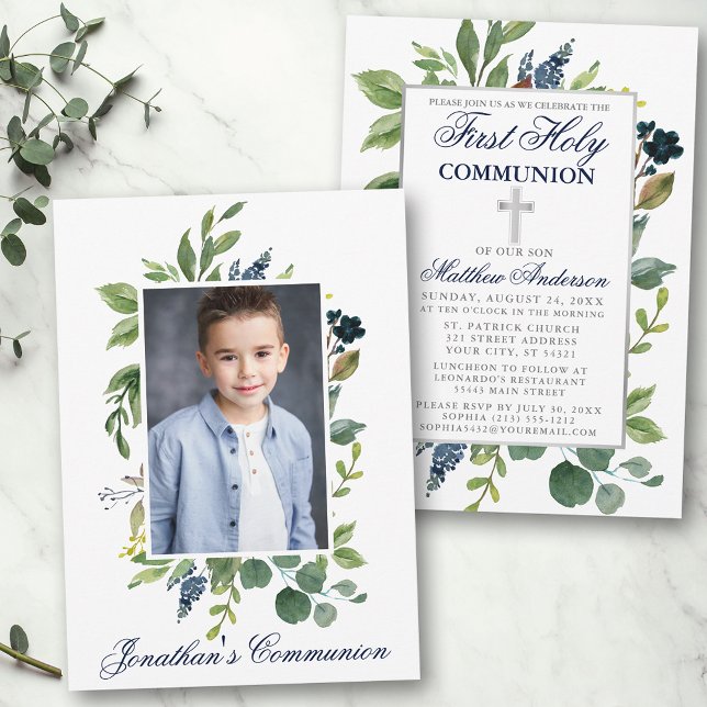 Watercolor Greenery Photo Heliga Communion Blue Inbjudningar (Customize to change text color,  size or text style.)