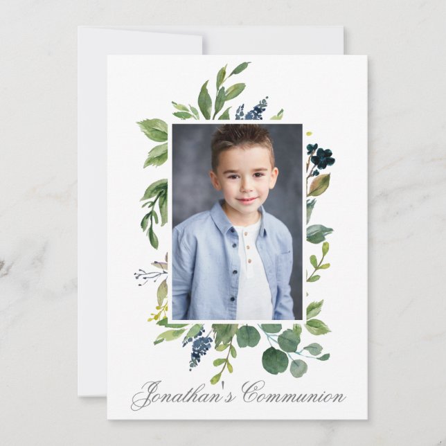 Watercolor Greenery Photo Heliga Communion Silver Inbjudningar (Framsida)