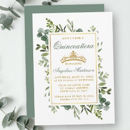 Watercolor Greenery Quinceanera Sage Grönt Guld Inbjudningar
