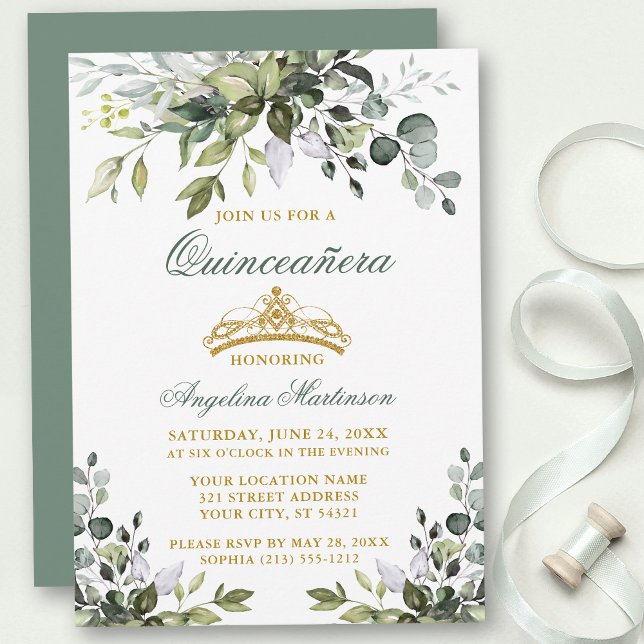 Watercolor Greenery Quinceañera Sage Grönt Guld Inbjudningar (Customize to change text color, style, add text & photos to back or change color of back of card.)