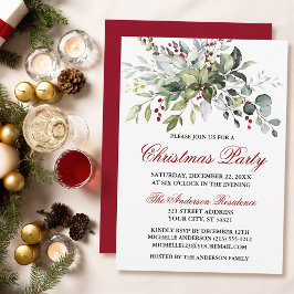 Watercolor Greenery Red Berries jul Party Inbjudningar