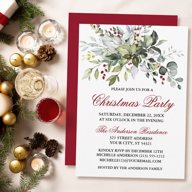 Watercolor Greenery Red Berries jul Party Inbjudningar (Customize to change text color, size, style or to change color of back of card.)