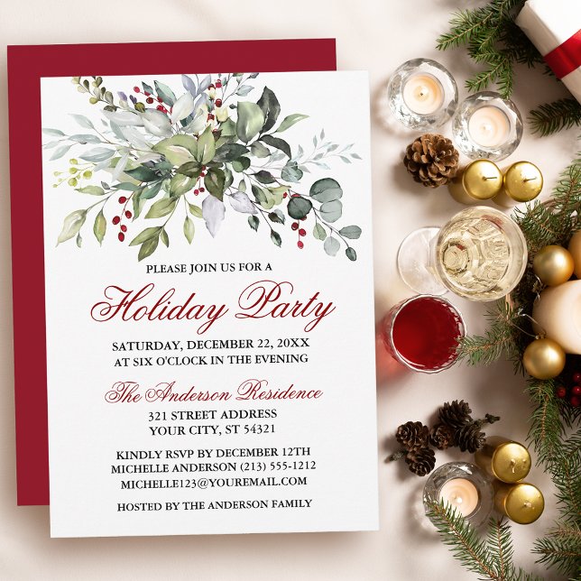 Watercolor Greenery Red Berries Julfest Red Inbjudningar (Customize to change text color, size, style or to change color of back of card.)