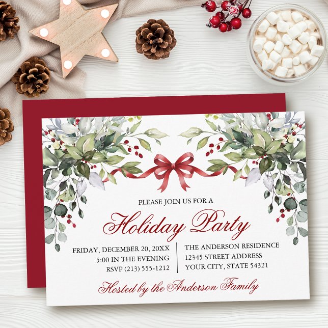 Watercolor Greenery Red Bow Holiday Party Inbjudningar (Customize to change text size, color, style or to change color of back of card.)
