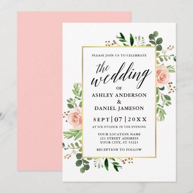 Watercolor Greenery Ro Calligraphy Bröllop Inbjudningar (Fram/baksida)