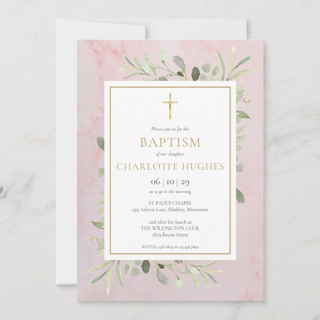 Watercolor Greenery Rosa Baptism Christening Inbjudningar (Framsida)