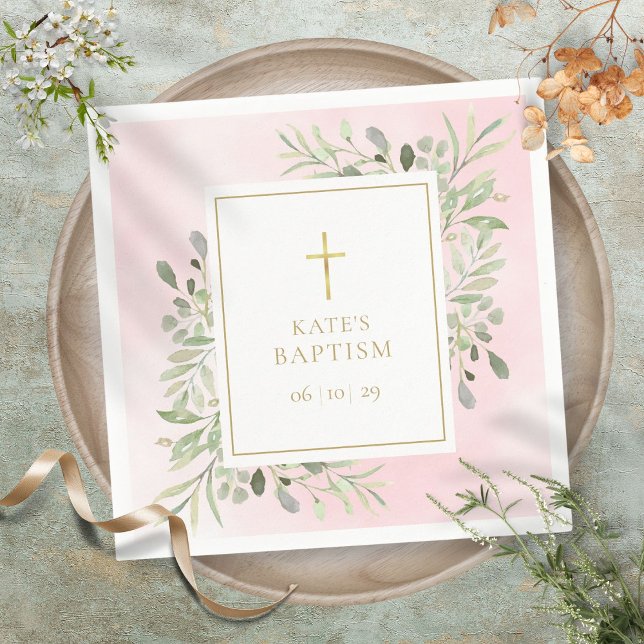Watercolor Greenery Rosa Baptism Christening Pappersservett (Watercolour Greenery Pink Baptism Christening Napkins)
