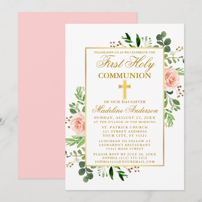 Watercolor Greenery Rosa Blommigt First Communion Inbjudningar (Fram/baksida)