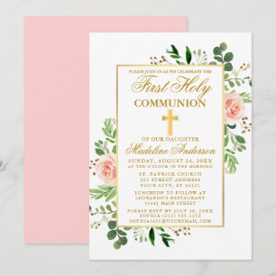 Watercolor Greenery Rosa Blommigt First Communion Inbjudningar