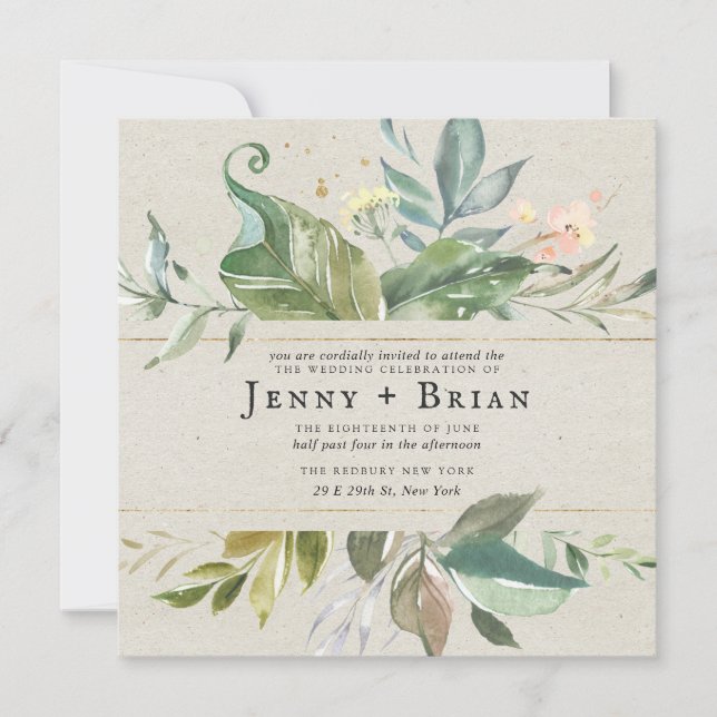 Watercolor Greenery | Rosa Blommigt Square Bröllop (Framsida)