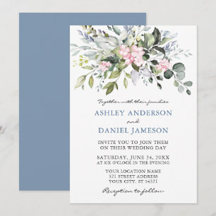 Watercolor Greenery Rosa Dusty Blue Bröllop Inbjudningar