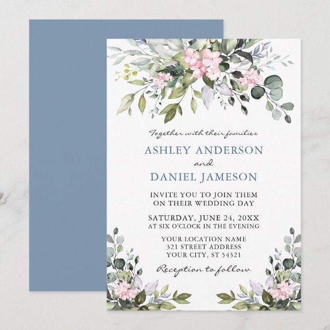 Watercolor Greenery Rosa Dusty Blue Bröllop Inbjudningar (Fram/baksida)