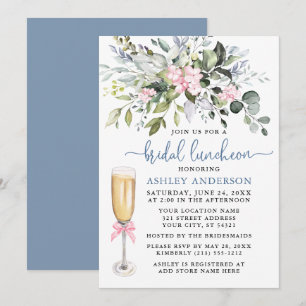 Watercolor Greenery Rosa Dusty Blue Möhippa Lunch Inbjudningar