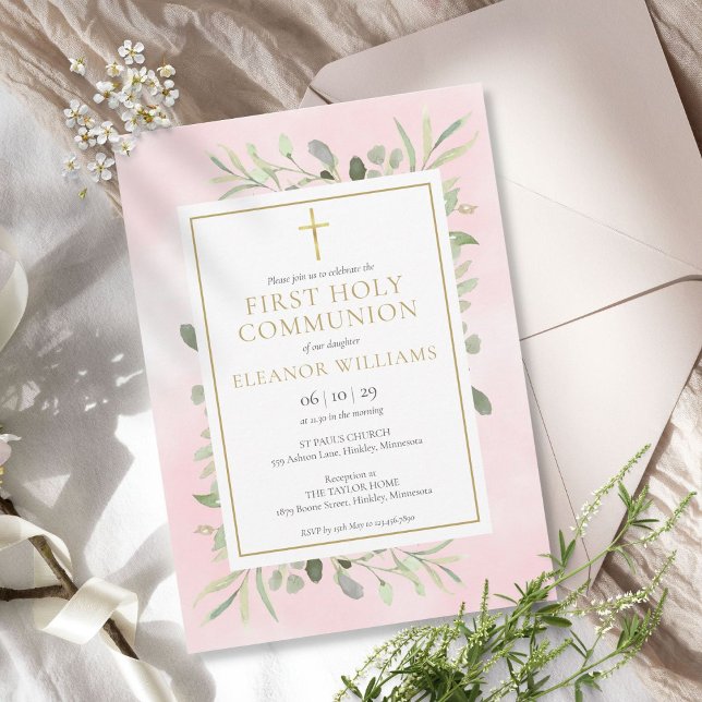Watercolor Greenery Rosa First Heliga Communion Inbjudningar (Skapare uppladdad)
