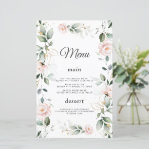 Watercolor Greenery Rosa Flowers Guld Bröllop Menu
