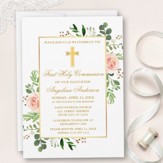 Watercolor Greenery Rosa ros First Communion Inbjudningar (Customize to change text color, size, style or to add photos or more text to back of card.)