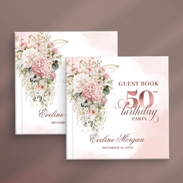Watercolor Greenery Rose Gold 50th Birthday Sign  Gästböcker (Watercolor Greenery Rose Gold 50th Birthday Sign In Guest Book

)