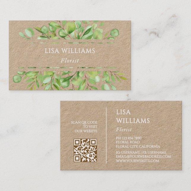 Watercolor Greenery Rustic  | QR Code Visitkort (Fram/baksida)