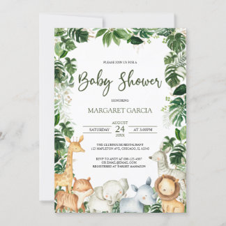 Watercolor Greenery Safari Animals Boy Shower Inbjudningar