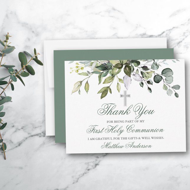 Watercolor Greenery Sage Grönt Communion Tack Kort (Customize to change text color, style, size, add more text to back or change color of back of card.)