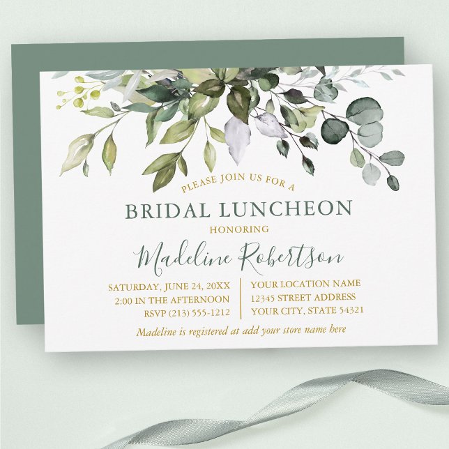 Watercolor Greenery Sage Grönt Guld Möhippa Lunch Inbjudningar (Customize to change text color, text style or color of back of card.)