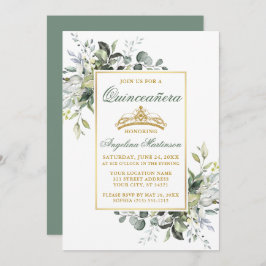 Watercolor Greenery Sage Grönt Guld Quinceanera Inbjudningar