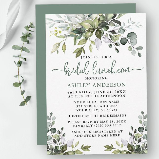 Watercolor Greenery Sage Grönt Möhippa Luncheon Inbjudningar (Customize to change your personalized text color, text style or color of back of card.)