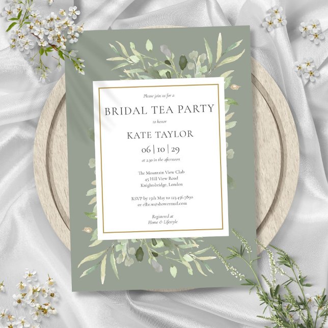 Watercolor Greenery Sage Grönt Möhippa Tea Party Inbjudningar (Watercolor Greenery Sage Green Bridal Tea Party Invitation)