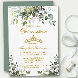 Watercolor Greenery Sage Grönt Quinceañera Guld Inbjudningar