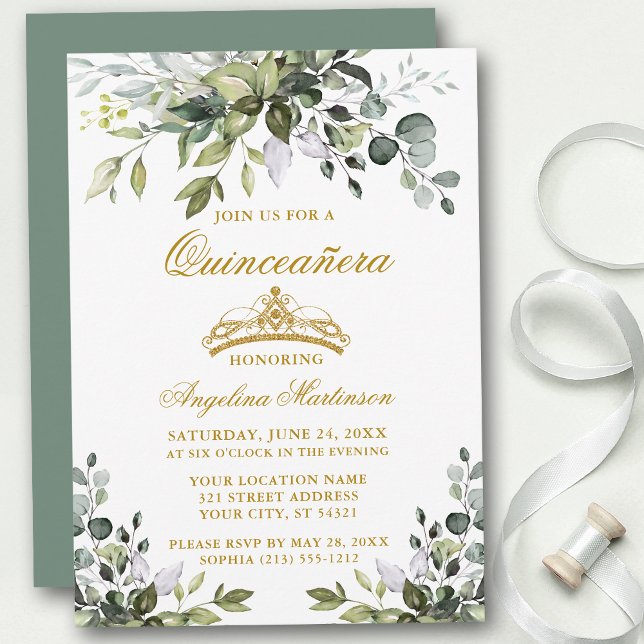 Watercolor Greenery Sage Grönt Quinceañera Guld Inbjudningar (Customize to change text color, style, add text & photos to back or change color of back of card.)