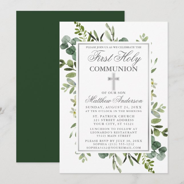 Watercolor Greenery Silver First Communion Inbjudningar (Fram/baksida)