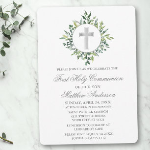 Watercolor Greenery Silver Kor First Communion Inbjudningar
