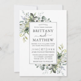 Watercolor Greenery Silver Ram Dusty Blue Inbjudningar