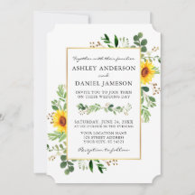 Watercolor Greenery Sunblommor Bröllop Guld