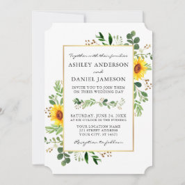 Watercolor Greenery Sunblommor Bröllop Guld Inbjudningar