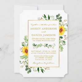 Watercolor Greenery Sunblommor Guld Bröllop Inbjudningar