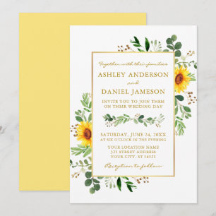 Watercolor Greenery Sunblommor Guld Ram Bröllop Inbjudningar