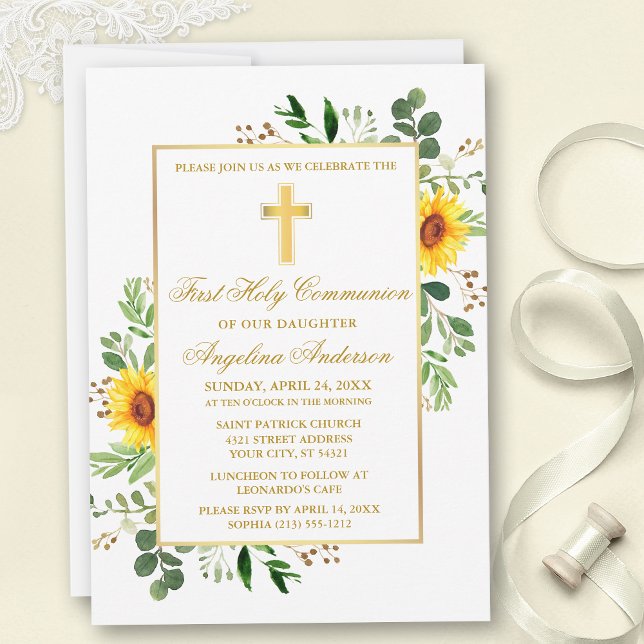Watercolor Greenery Sunwers First Communion Inbjudningar (Customize to change text color, size, style or to add photos or more text to back of card.)
