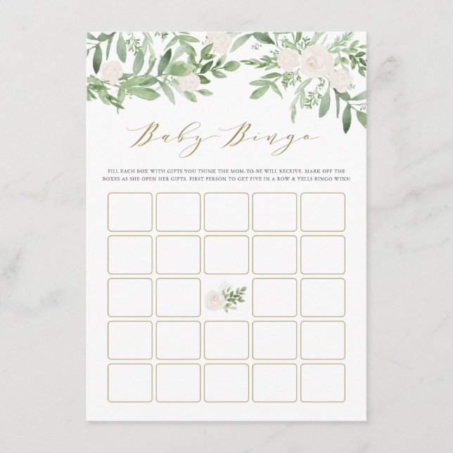 Watercolor Greenery White Flowers Baby Bingo Game Tilläggskort (Framsida)