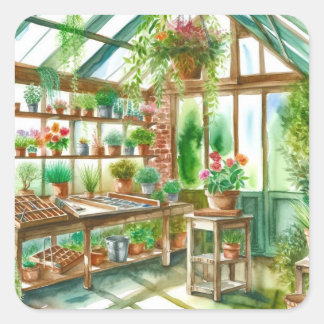 Watercolor Greenhouse Fyrkantigt Klistermärke