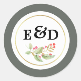 Watercolor Grenar Monogram Bröllop Runt Klistermärke