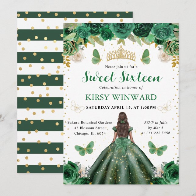 Watercolor Grön & Guld Prinsessa Sweet 16 Inbjudningar (Fram/baksida)