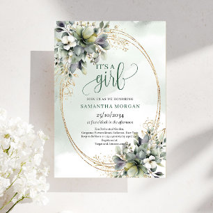 Watercolor Grön Vit Stil Det Är En Flick Invitatio Inbjudningar