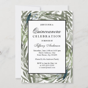 Watercolor Grönt Löv Gräns Quinceanera Inbjudan