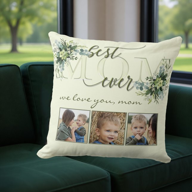 Watercolor Grönt Löv Mamma Photo Pillow Kudde (Pillow featuring a stylized Mom text with green watercolor leaves and your own photos - Mother's Day)
